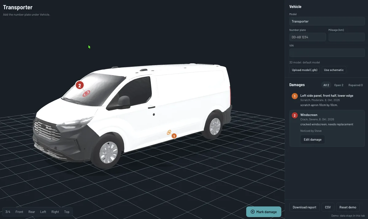 3D model of a van with two numbered damage markers and the damage list