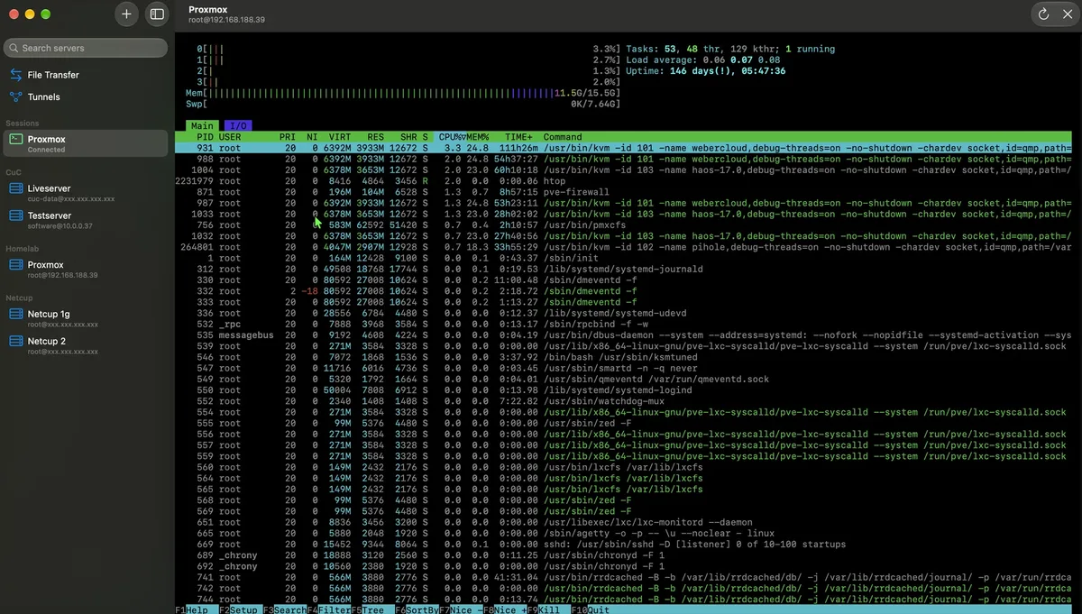 SSH Manager window with a server list and an open terminal session